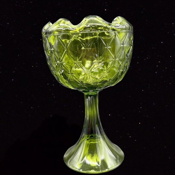 Indiana Art Glass Pedestal Tall Cup Bowl Diamond Avocado Green Duette 9”T 5”W - Picture 10 of 10